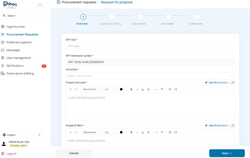 Buyer creating a request for proposal in ProQ