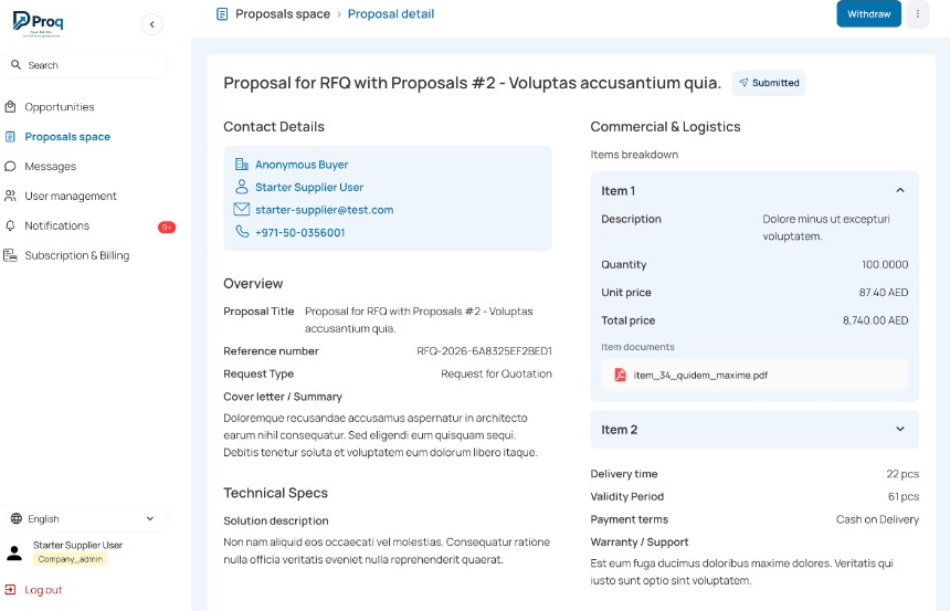Supplier proposal details in ProQ